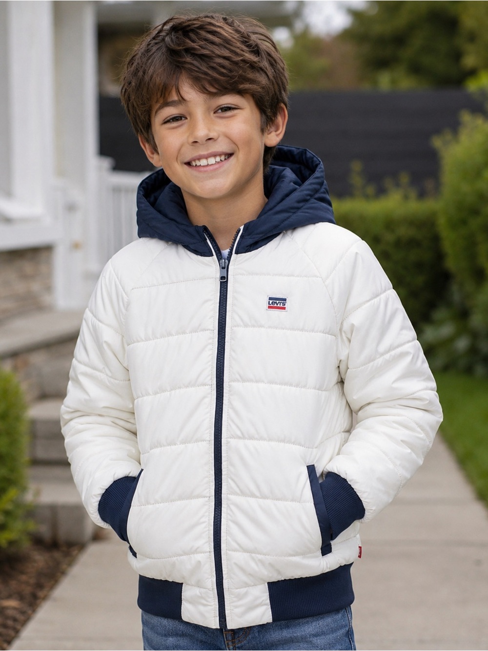 Levi’s Kids White & Navy Hooded Puffer Jacket Size 8-10 Years Full Zip